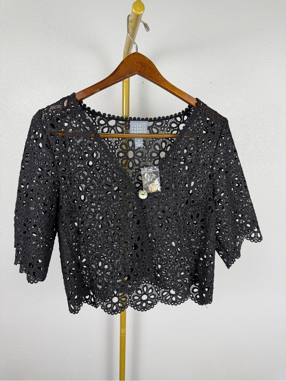 Rabbit Rabbit Rabbit Black Floral Crochet Lace Cardigan Top M